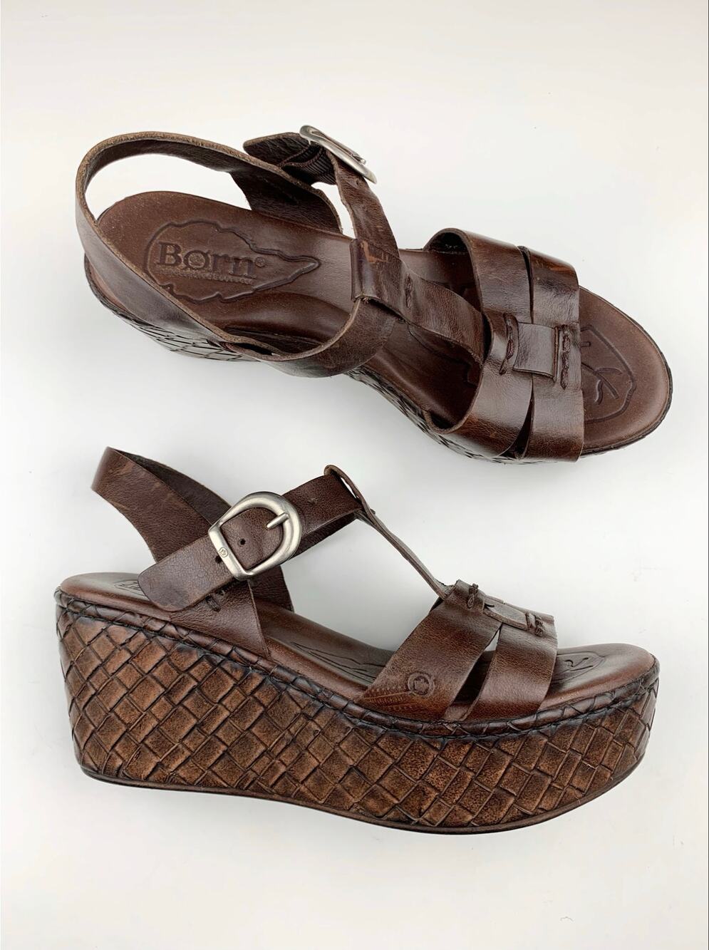 Born Menuda Basket Weave Wedge Platform Sandals Brown Leather Women's 8 Boho
